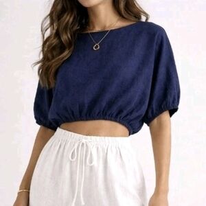 Suzie Kondi 100% Linen Cropped Blouse Safari Top Dolman Sleeves Women's Sz XS